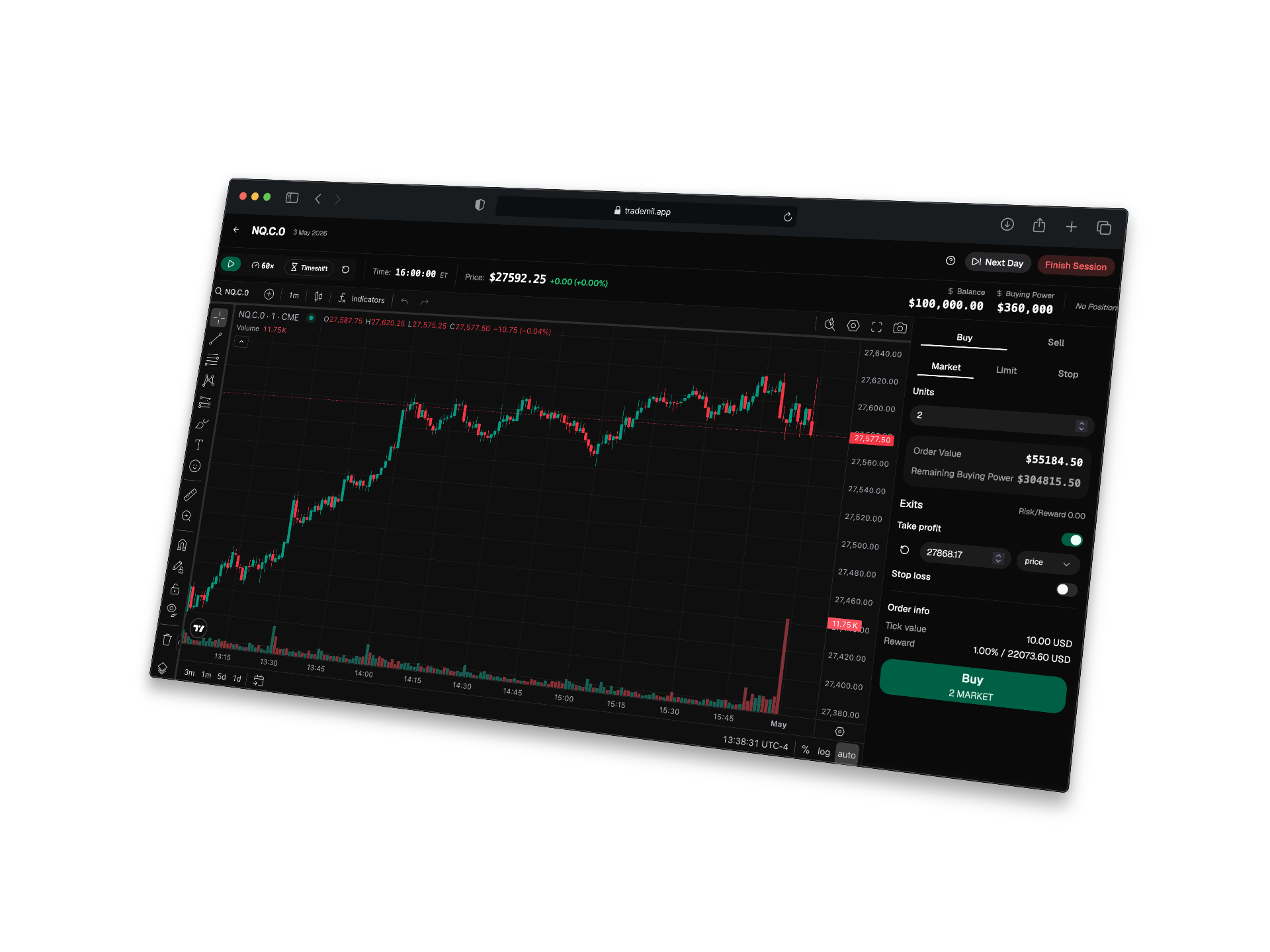 Trademil practice session showing a historical futures chart and order ticket